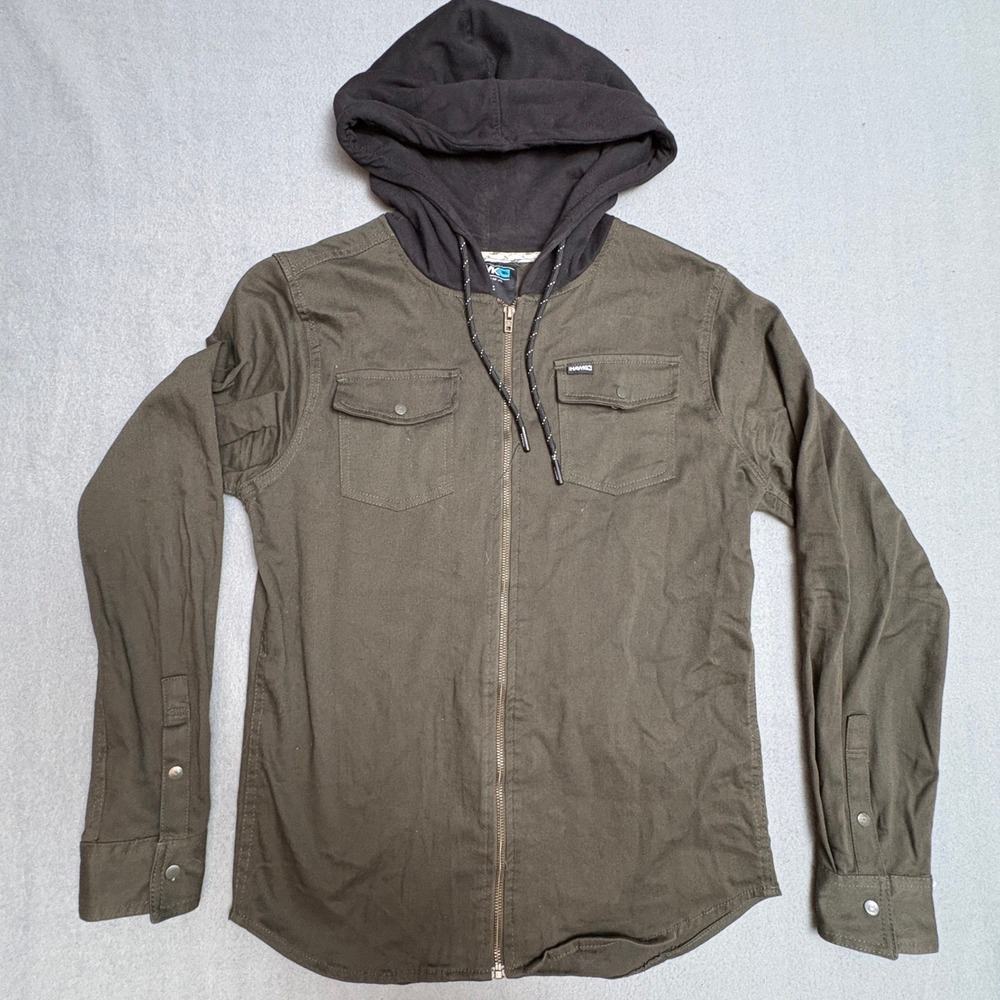 Tony Hawk Mens Small Full Zip Hooded Shirt Jacket Olive Green Black Hood Skate